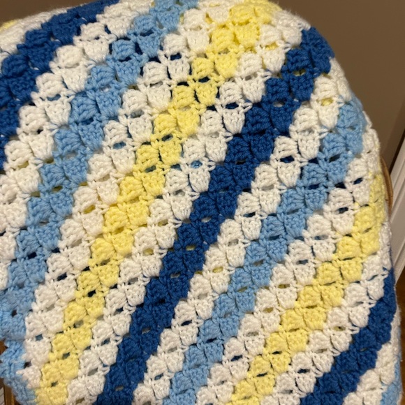 Crotched Afghan Blanket - Blue, Yellow and White Blanket ,Throw, Afghan - - Picture 4 of 14
